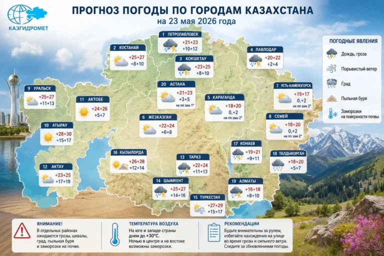 Погода в Казахстане на 23 мая: грозы, ветер и контраст температур по регионам - изображение 1