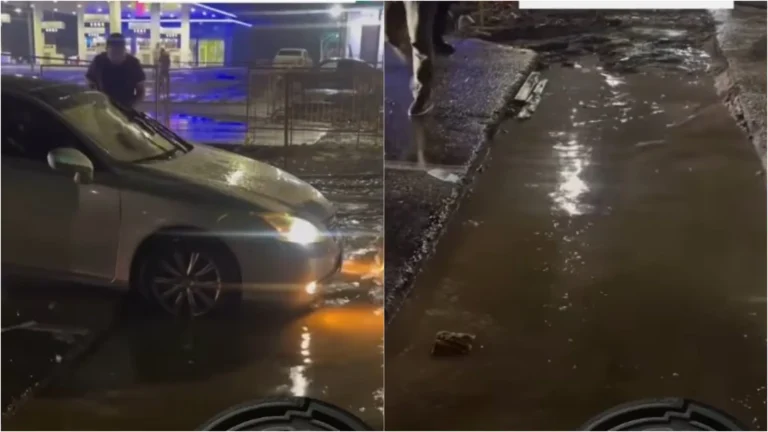 В Алматы после ливня провалился асфальт: в ямах застревали автобусы и машины - изображение 1